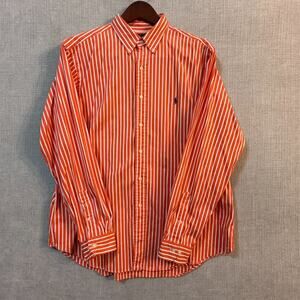 Ralph Lauren Men's Classic Fit 17-1/2 XL Striped Orange White Button Up Shirt